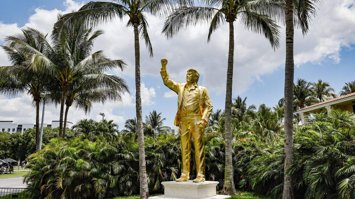 A gold-leaf bronzed statue of President Donald Trump was installed at Trump National Doral golf resort in early April. Standing 15 feet tall (22 feet with the pedestal) was created by artist Alan Cottrill. The statue is seen during the PGA Golf Cadillac Championship in Doral, Florida, on Thursday, April 30, 2026.